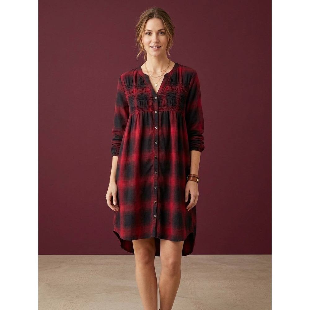 KNOX ROSE size XL Red & Black Plaid Button Front Smocked Shirt Dress Midi Hi Low